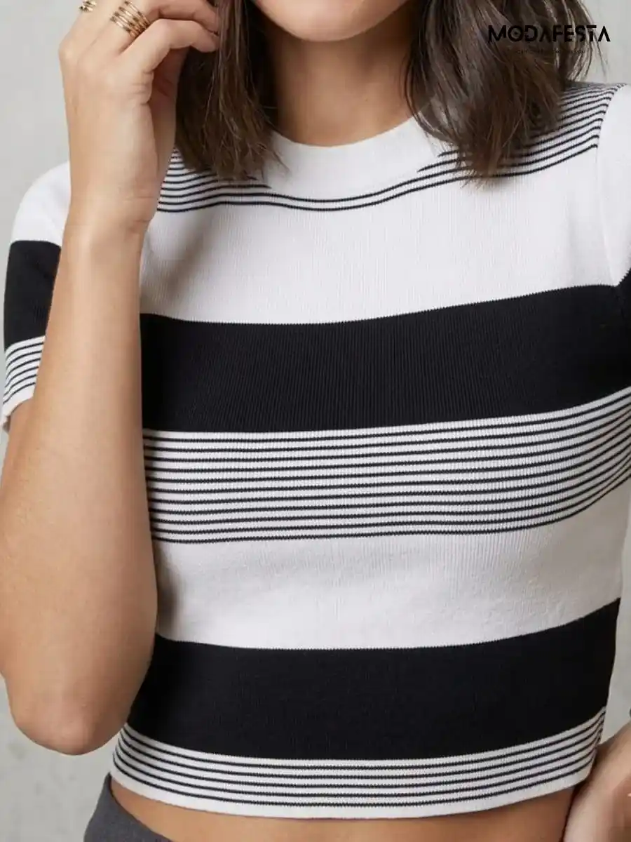 ModaFesta -elegant-black-and-white-striped-crop-t-shirt
