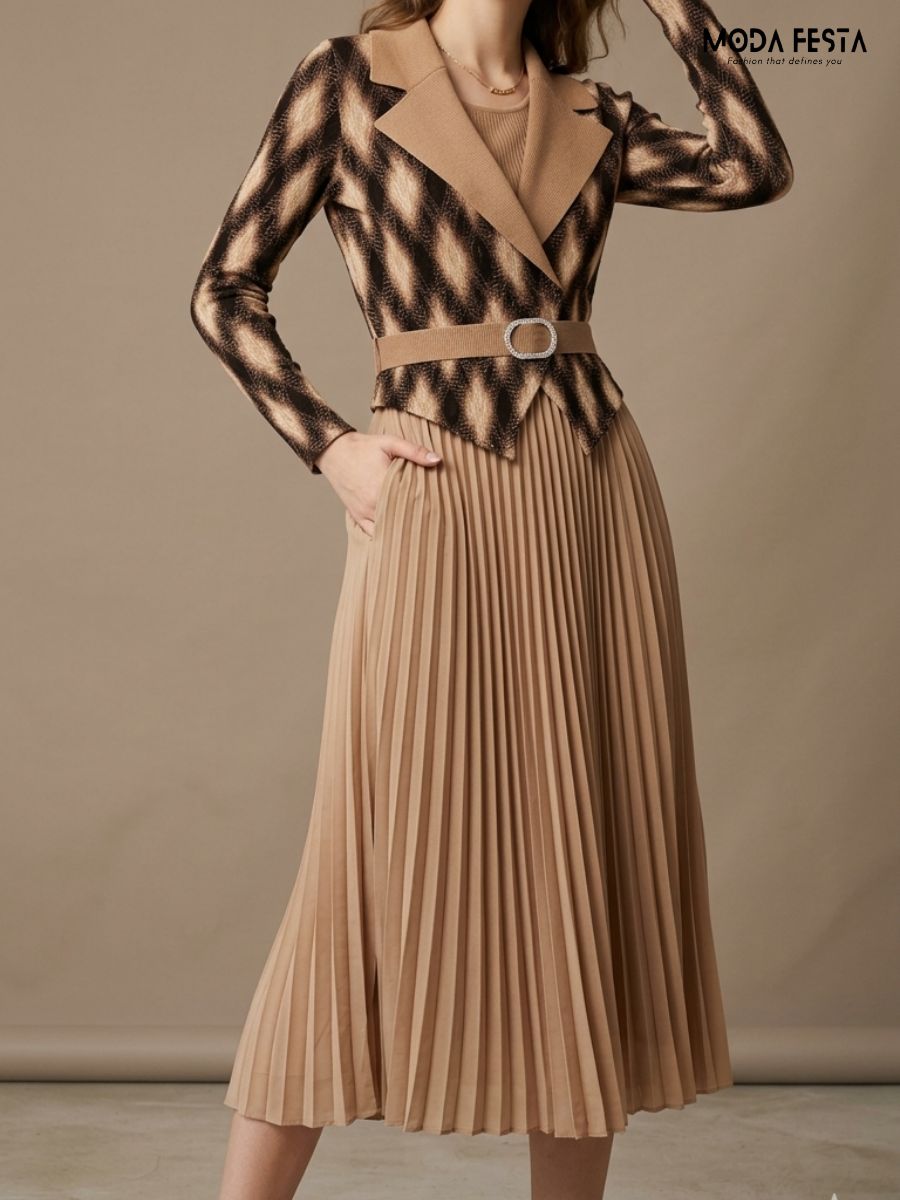 Diana Diamond-Knit Belted Blazer & Pleated Diana Diamond-Knit Belted Blazer & Pleated Skirt Set