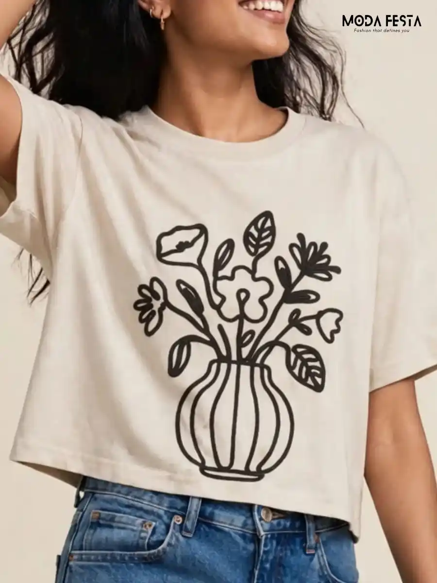 ModaFesta -floral-vase-line-art-crop-t-shirt