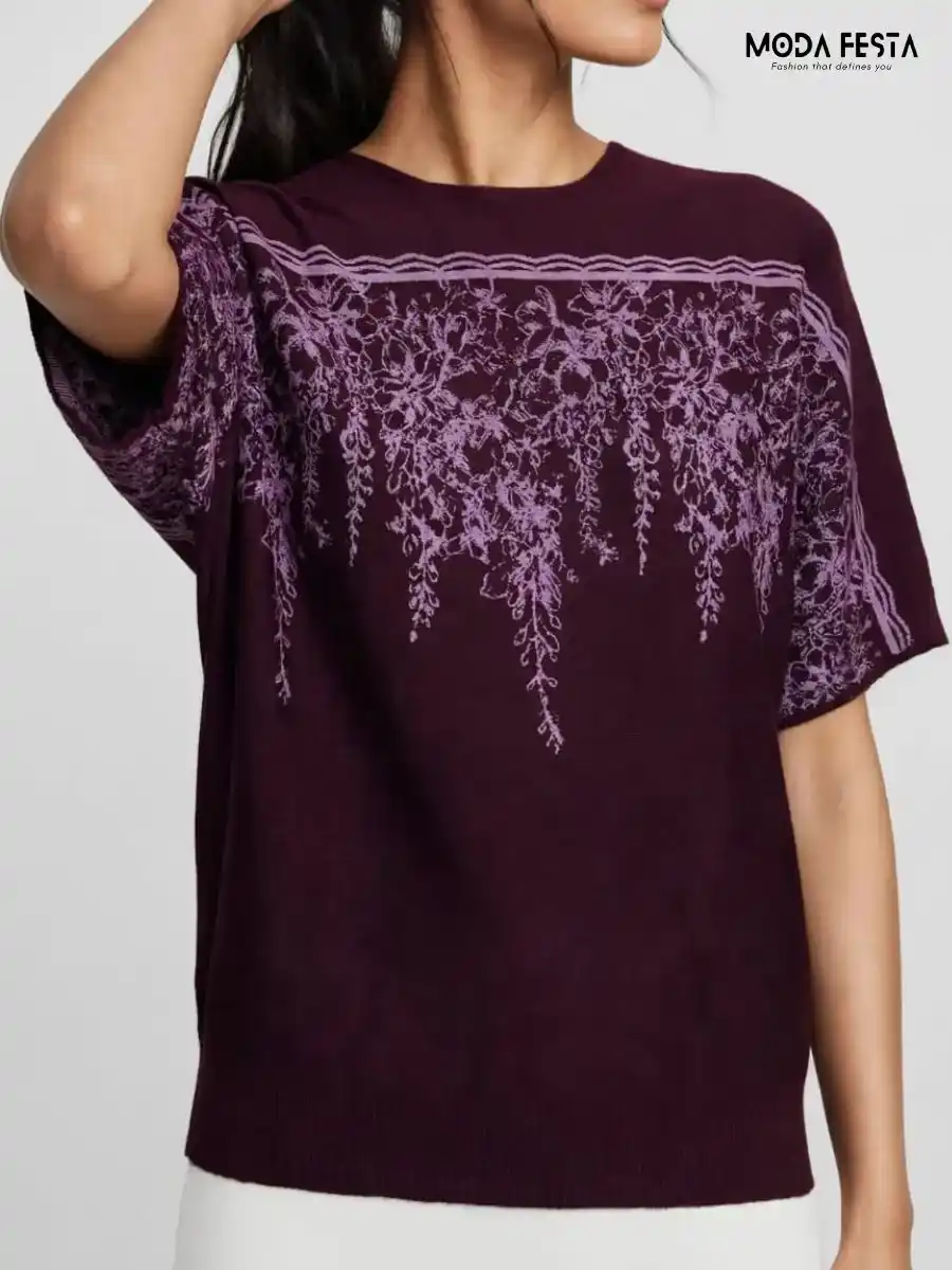 Plum Purple Floral Printed Knit Top