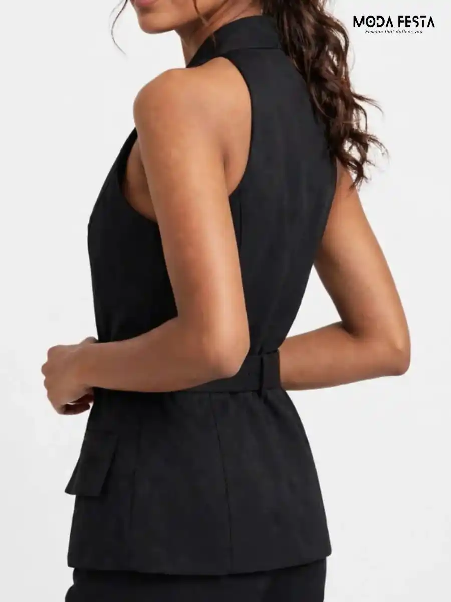 ModaFesta -elegant-black-v-neck-belted-peplum-top