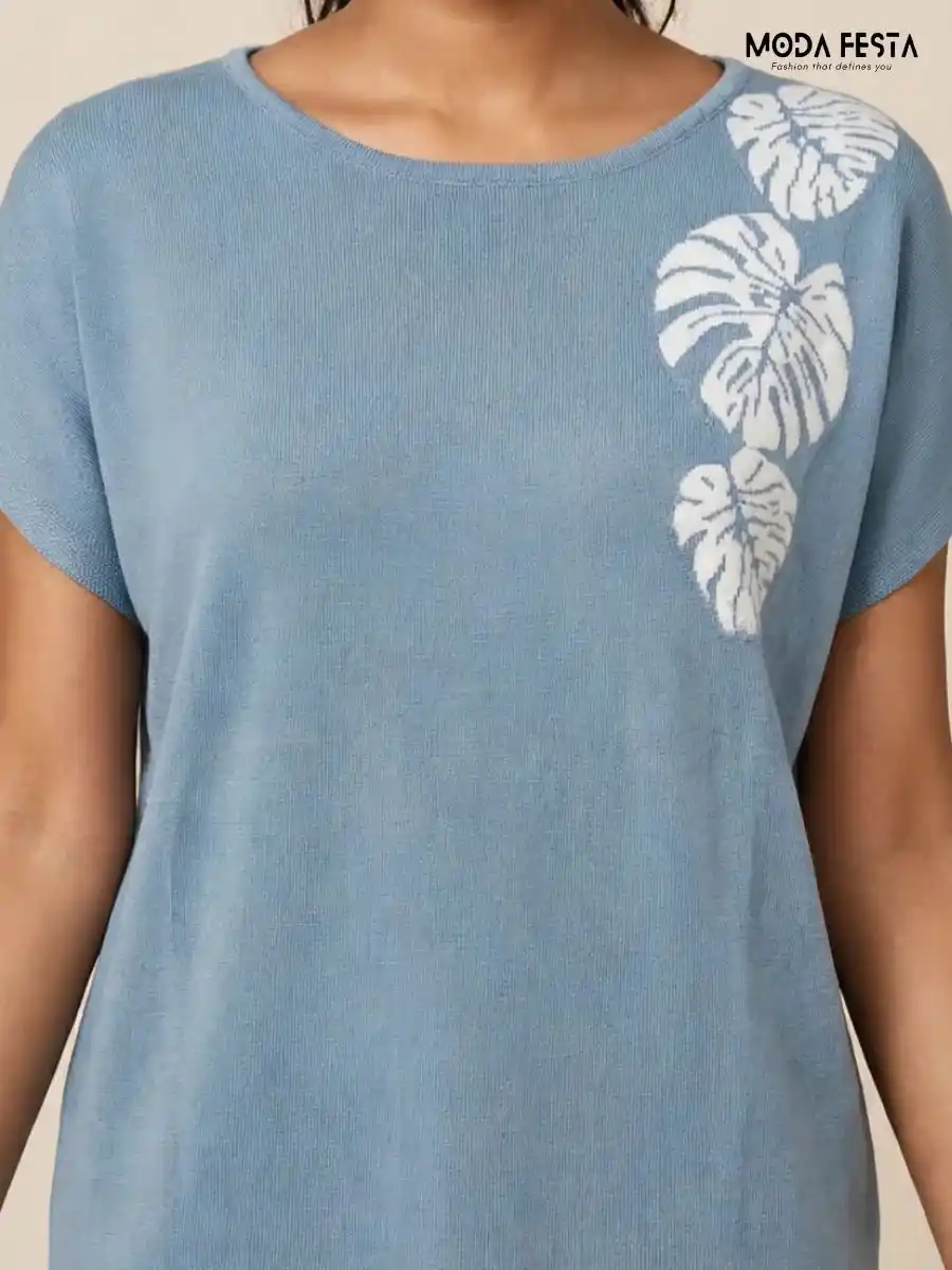 ModaFesta -dusty-blue-white-leaf-motif-short-sleeve-knit-top