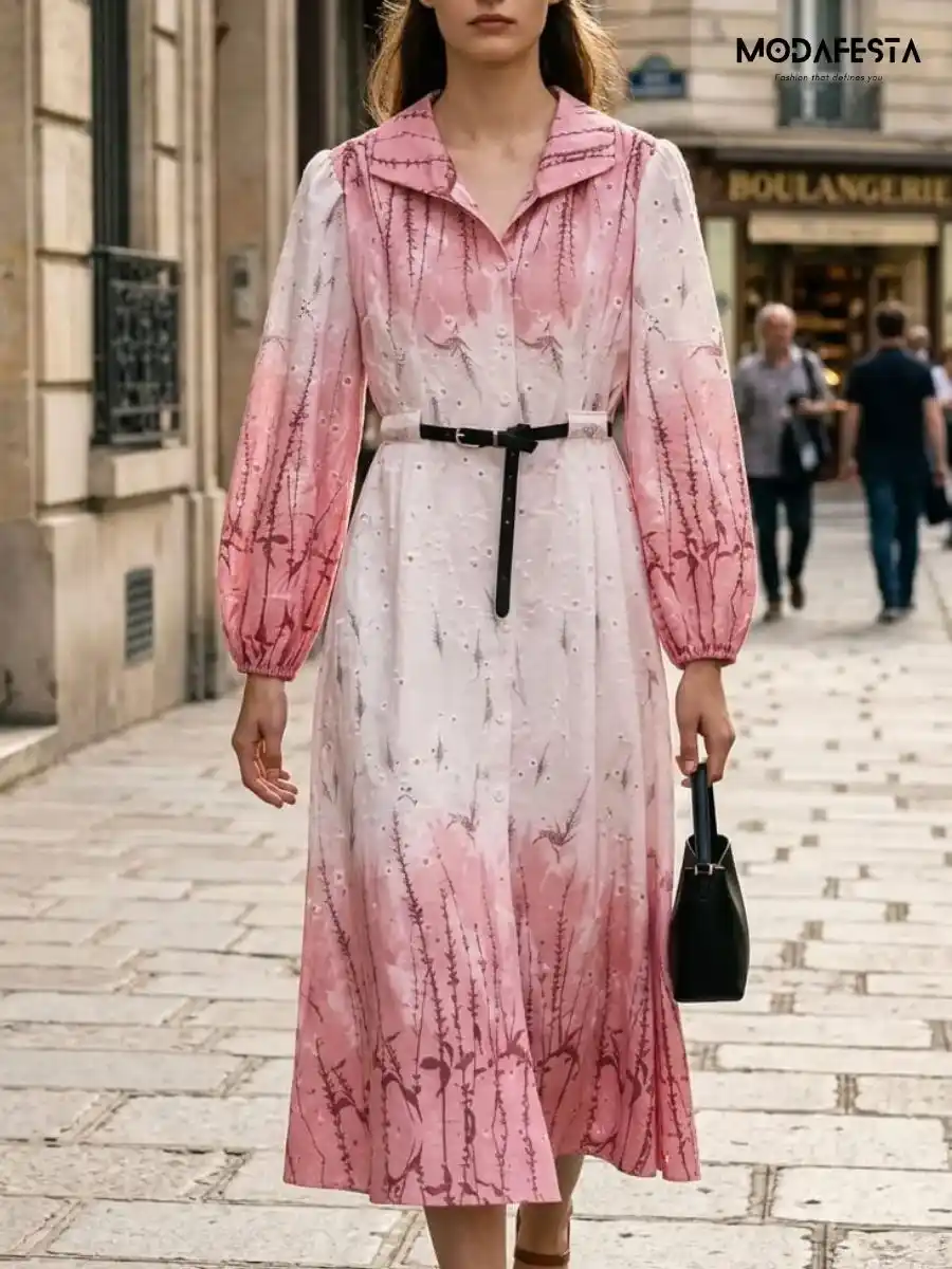 Elegant Floral Print Chikan Midi Dress With Belt