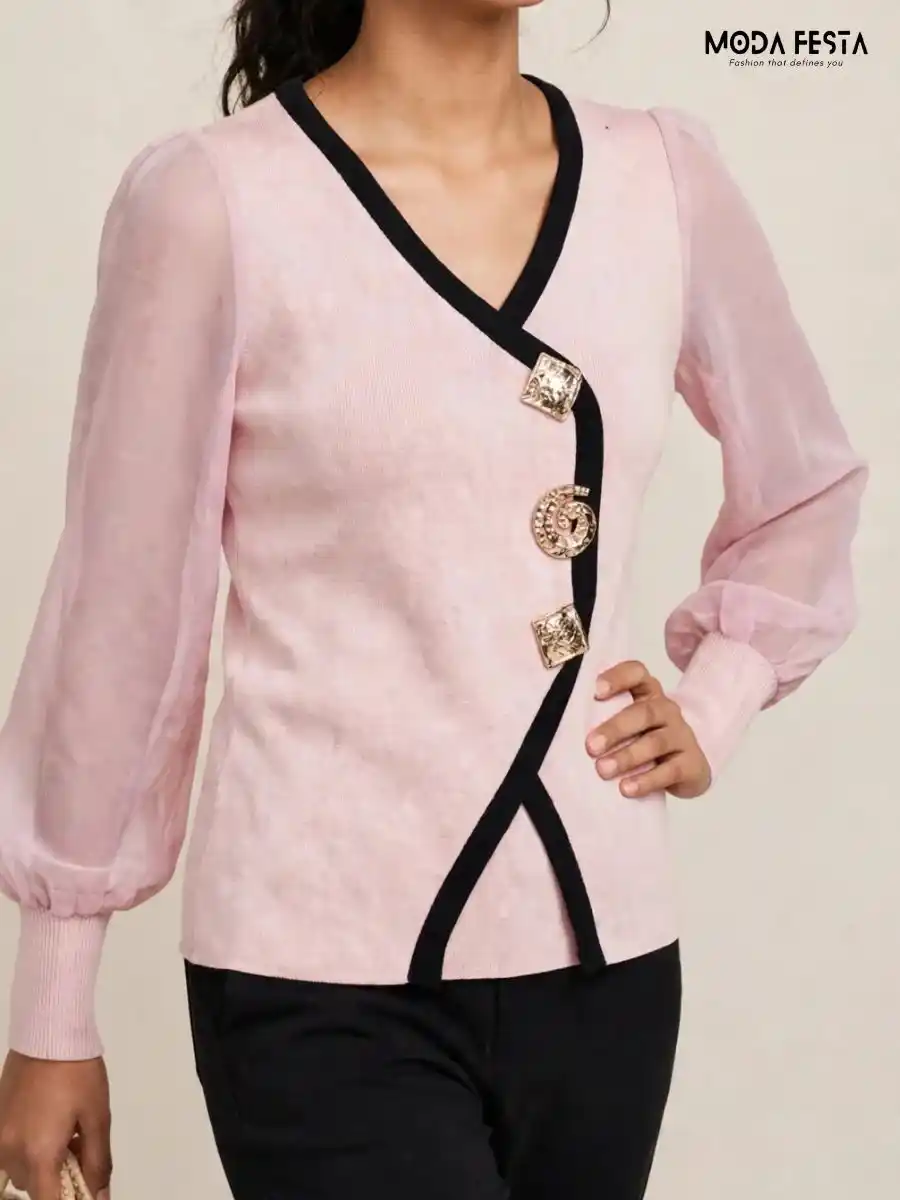 ModaFesta -light-pink-black-contrast-trim-asymmetric-statement-top