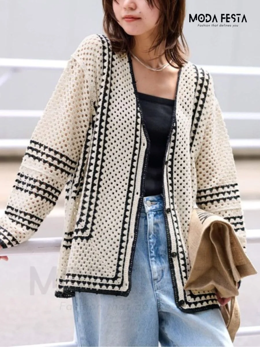 ModaFesta -crochet-v-neck-cardigan-top-white