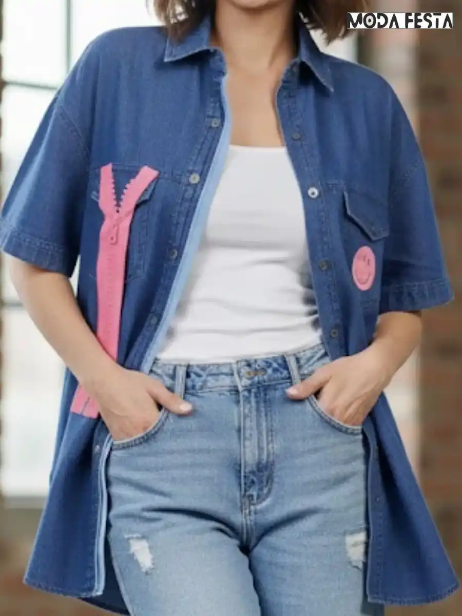 ModaFesta -elegant-casual-denim-shirt-with-smiley-pink