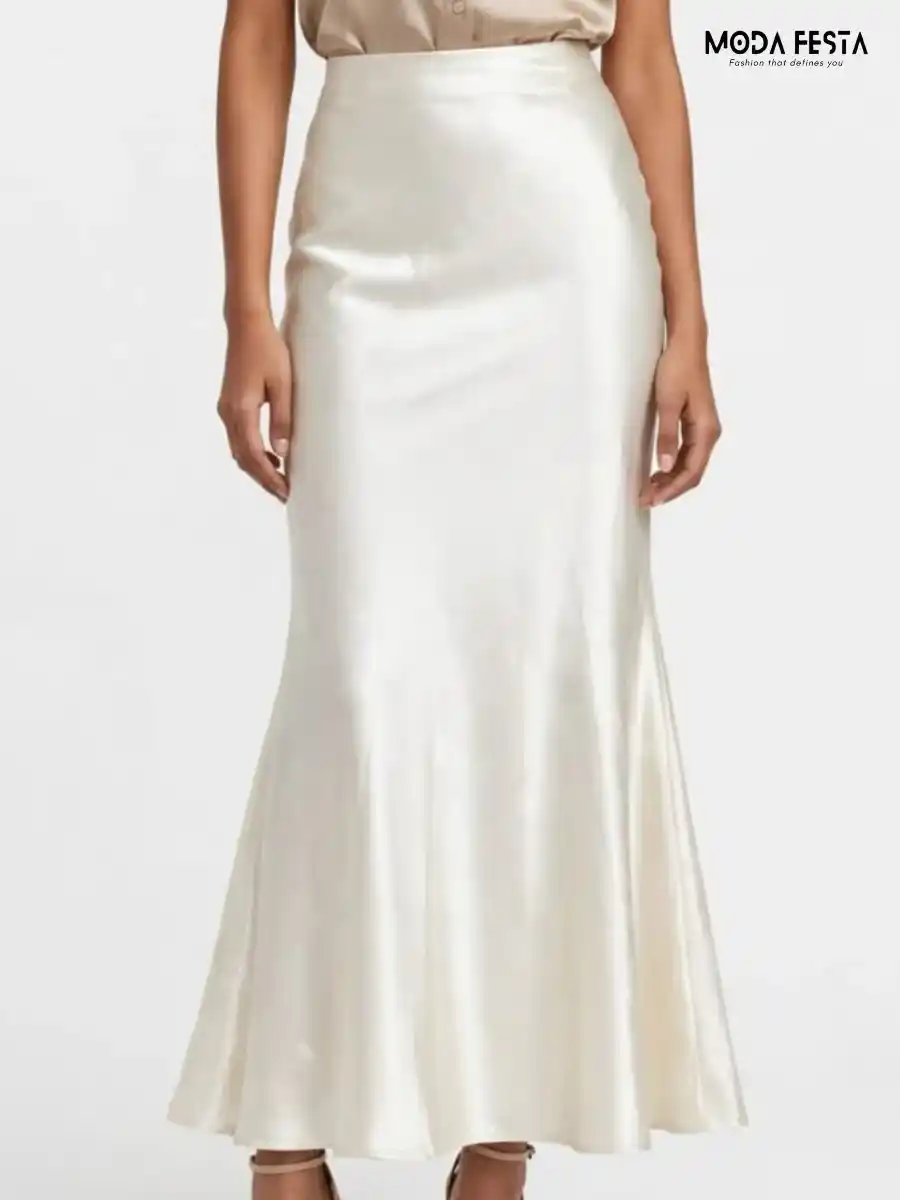Elegant Off-White Satin Maxi Skirt