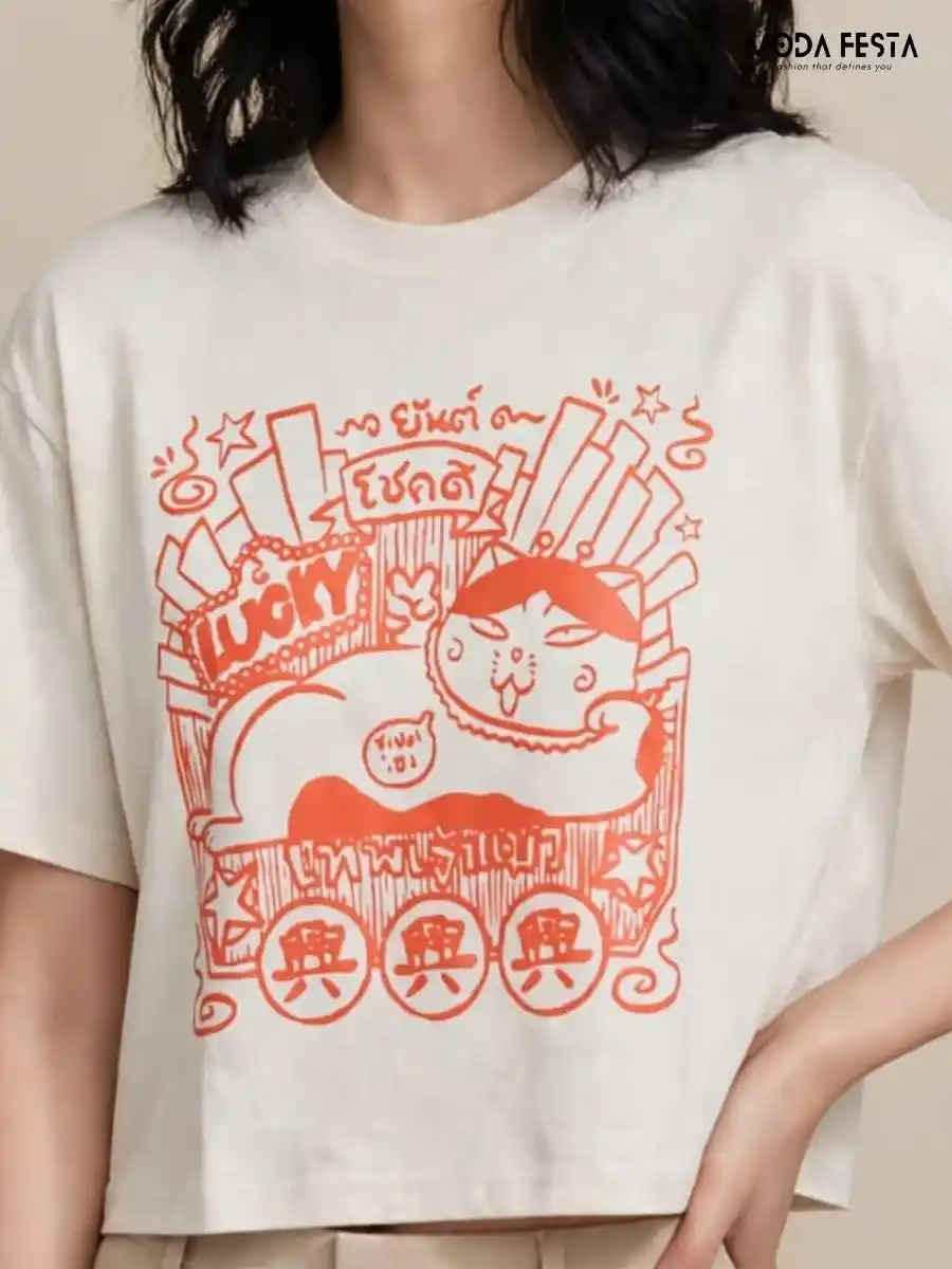 ModaFesta -orange-lucky-cat-graphic-print-crop-t-shirt