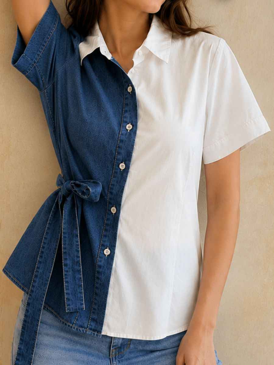 ModaFesta -dual-tone-denim-cotton-tie-waist-shirt
