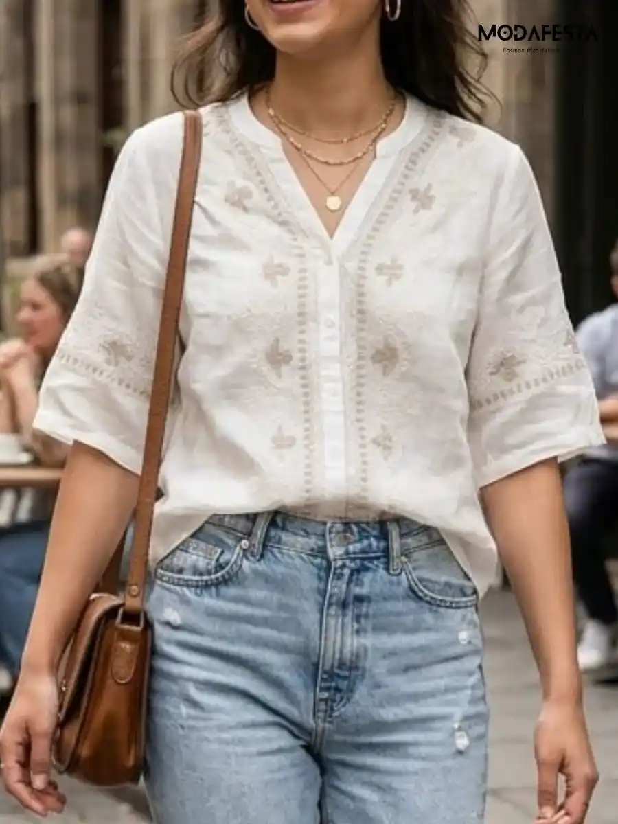 Elegant Floral Embroidery Linen V Neck Shirt