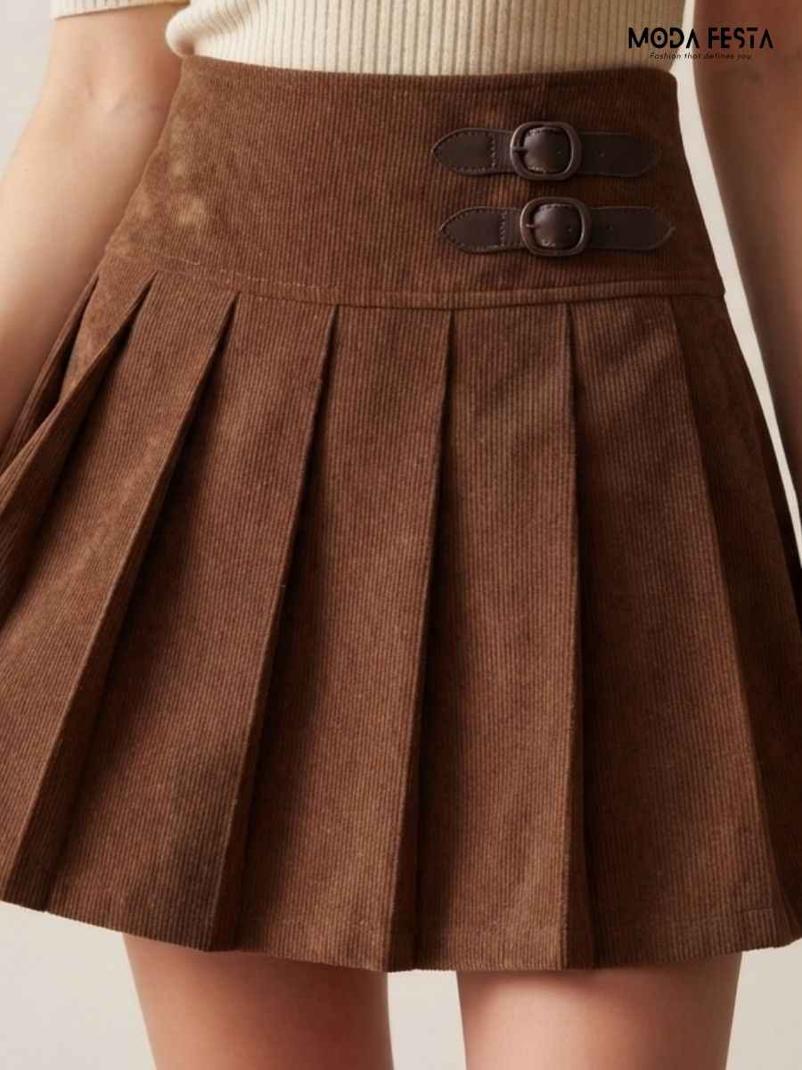 Brown Corduroy Pleated Mini Skirt with Buckle Detail