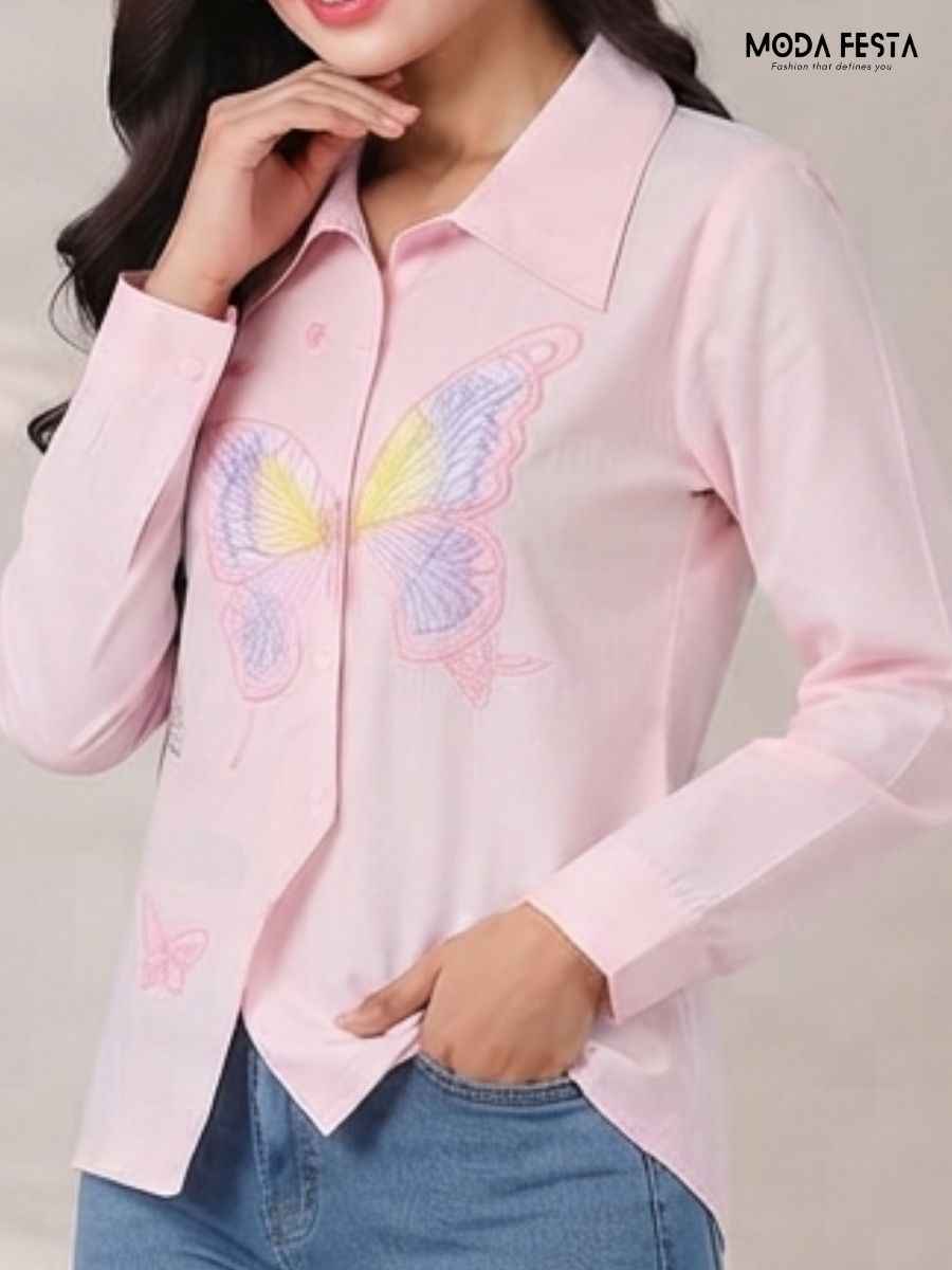 ModaFesta -modafesta-pink-butterfly-embroidered-asymmetric-shirt