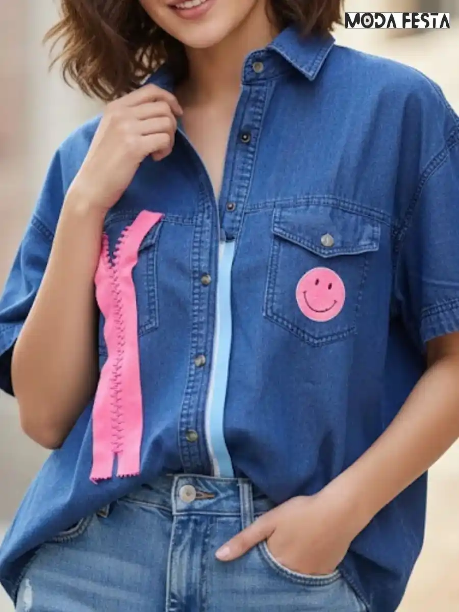 ModaFesta -elegant-casual-denim-shirt-with-smiley-pink