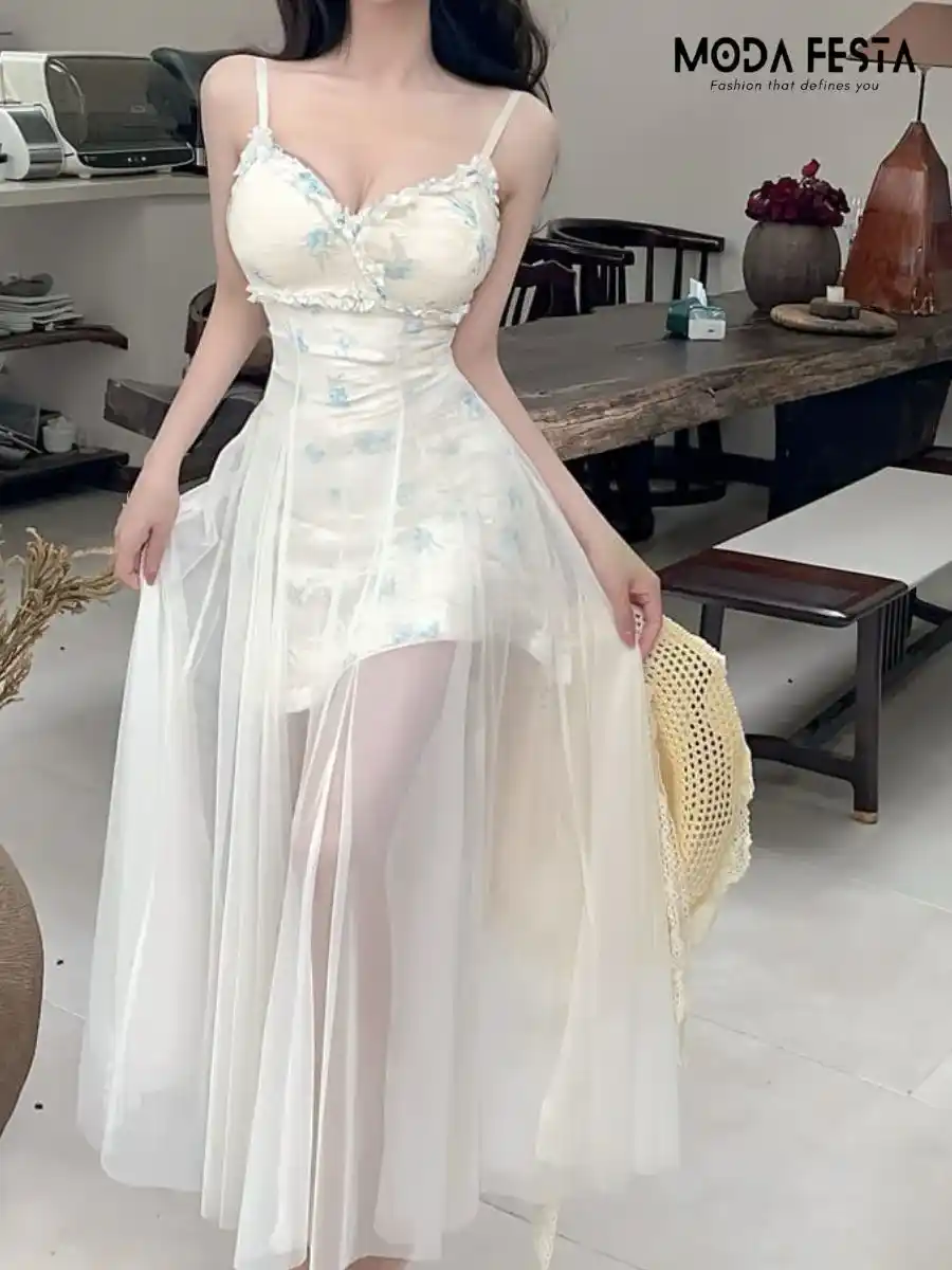 ModaFesta -elegant-mesh-lace-dress-beige-with-blue