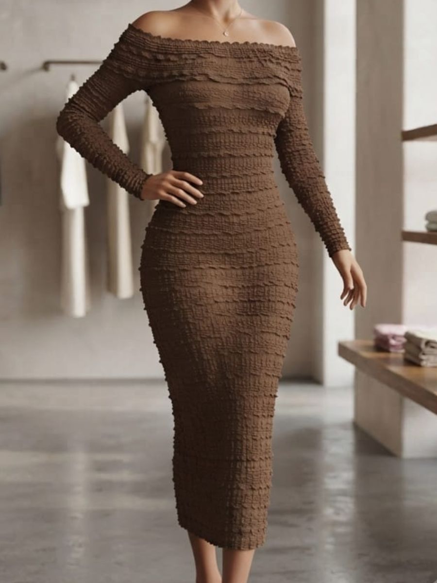 party-wear-bodycon-off-shoulder-with-full-sleeve-strecheble-dress-brown
