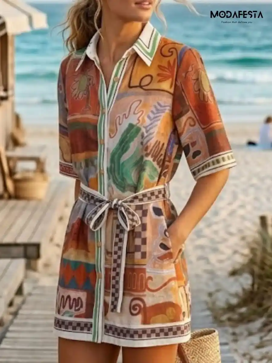 ModaFesta -elegant-abstract-print-mini-shirt-dress-brown