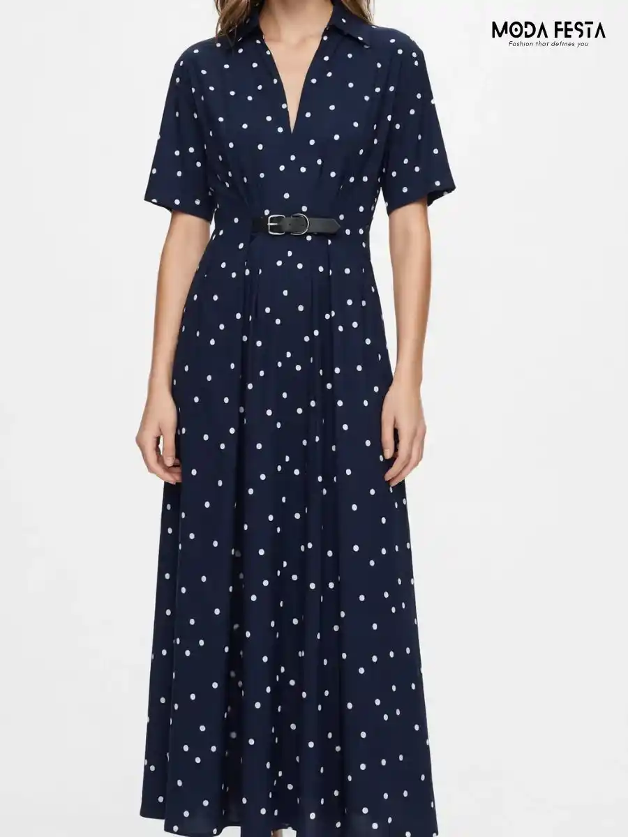 Polka Dot Belted Midi Dress
