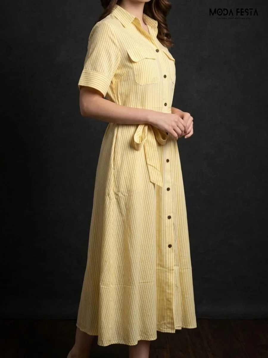 ModaFesta -yellow-and-white-vertical-striped-shirt-dress