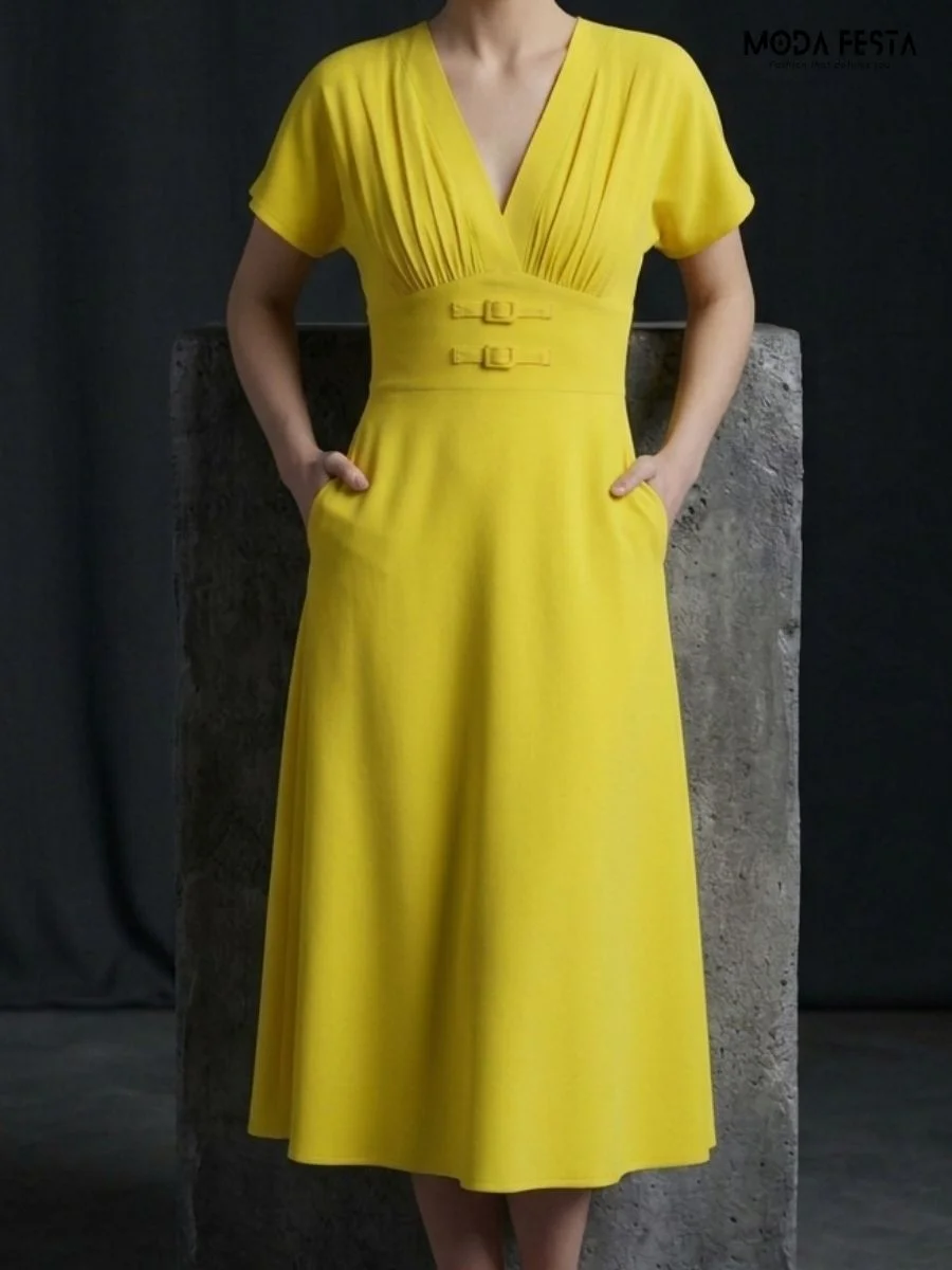 V-neckline with elegant pleated details on the bodice