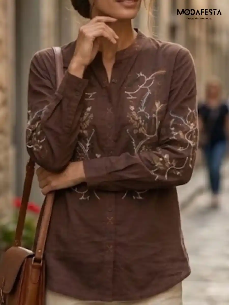 ModaFesta -elegant-floral-embroidered-cotton-shirt-1-brown