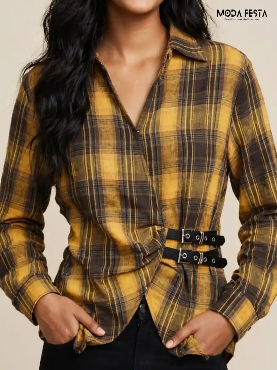 Yellow and Black Plaid Wrap-Style Casual Shirt