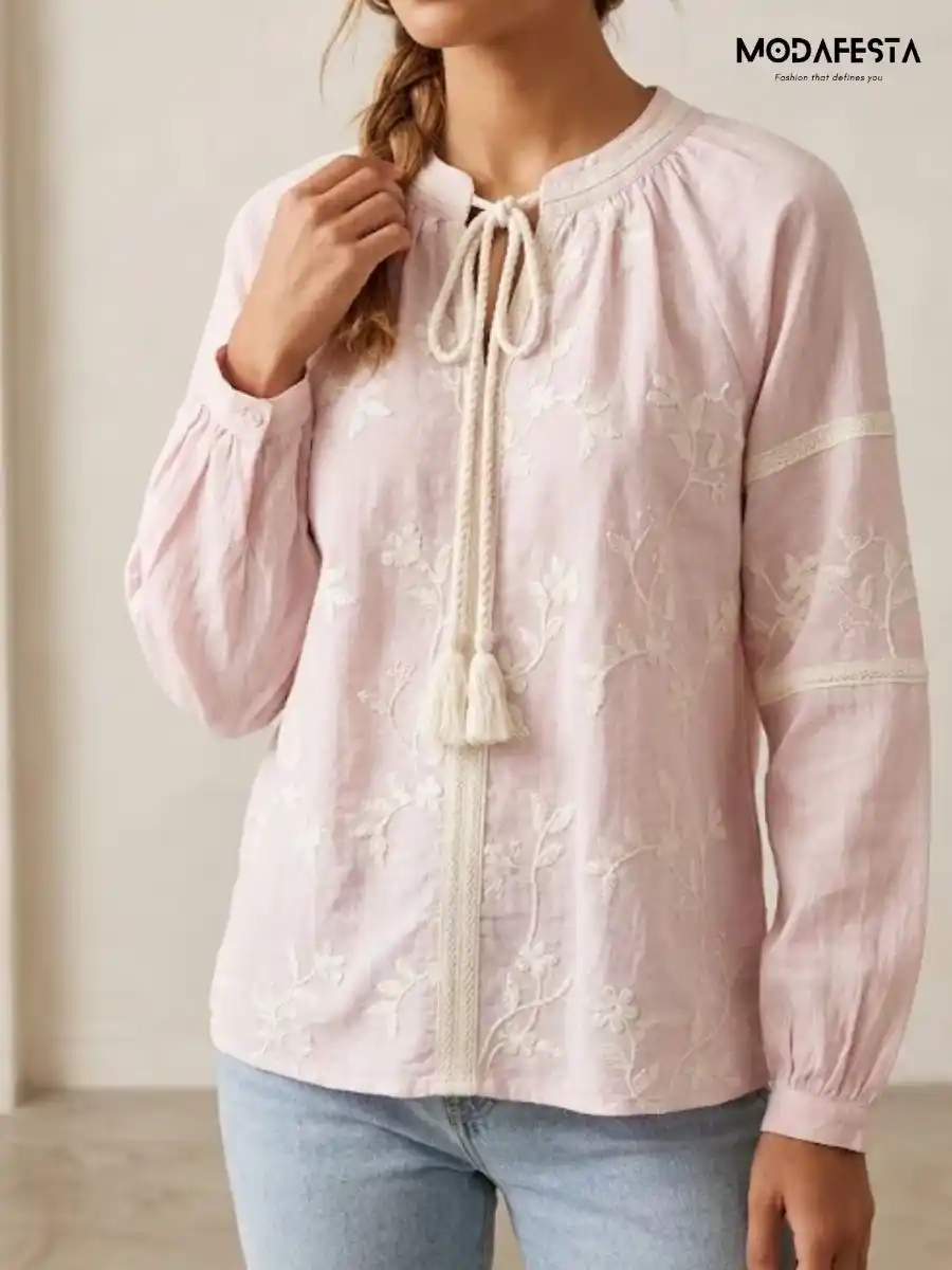 ModaFesta -elegant-floral-embroidered-v-neck-top-pink