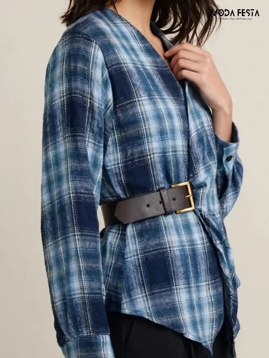 ModaFesta -plaid-v-neck-wrap-top