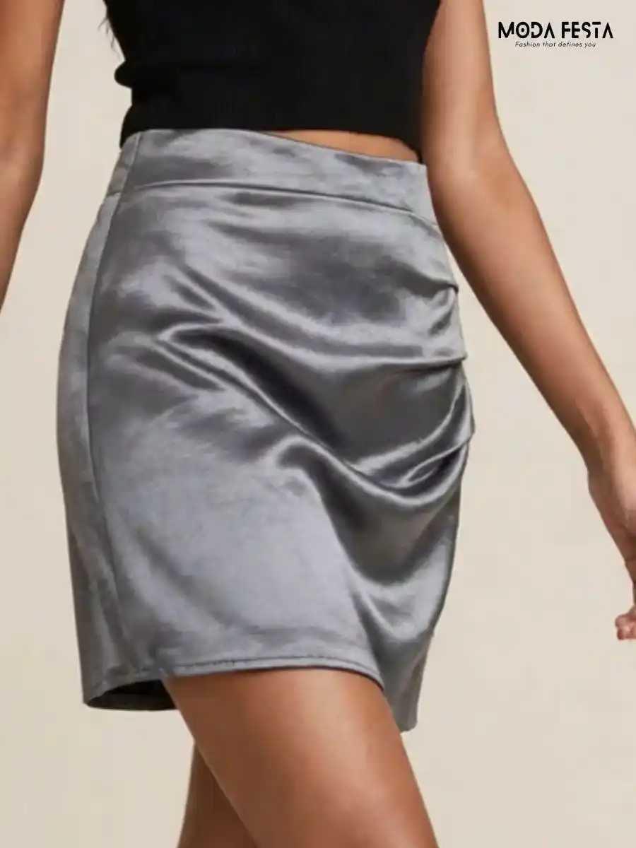 ModaFesta -sleek-grey-satin-ruched-mini-skirt