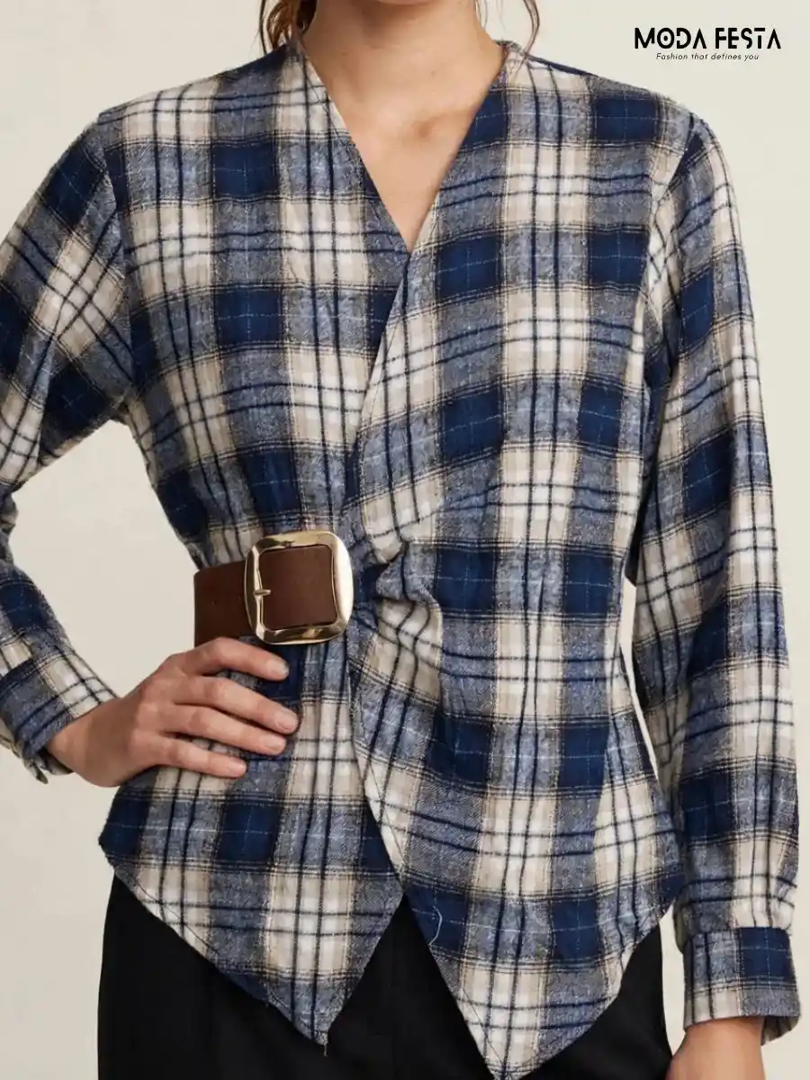 ModaFesta -belted-checked-wrap-top