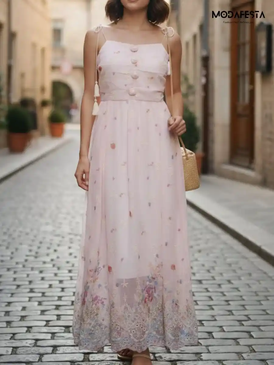 ModaFesta -elegant-floral-print-chiffon-spagati-dress-peach