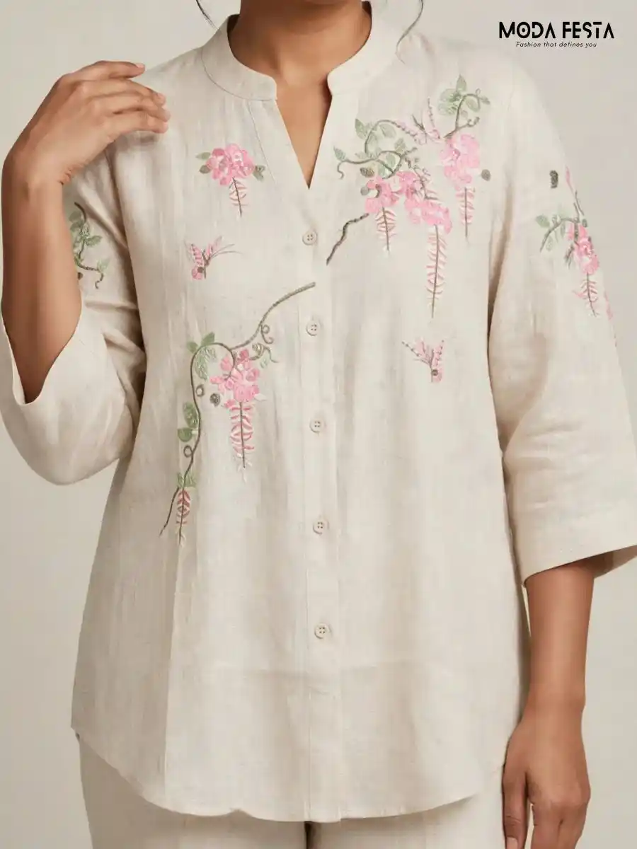 Beige Floral and Butterfly Embroidered Casual Shirt
