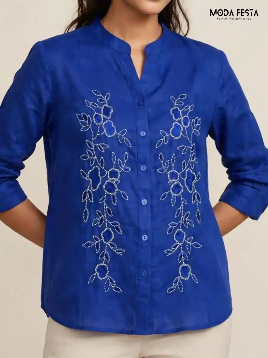 ModaFesta -royal-blue-floral-embroidered-button-down-top