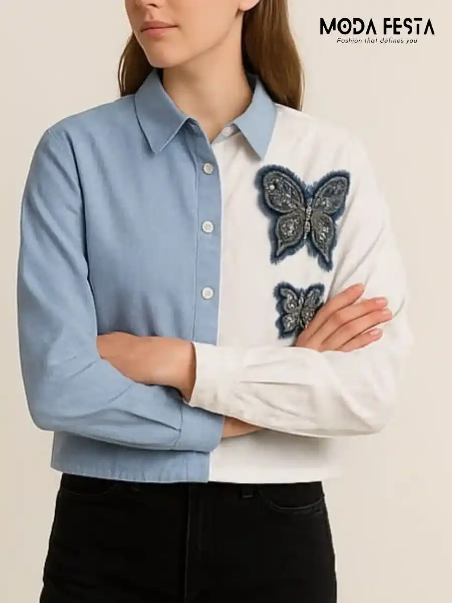 ModaFesta -elegant-butterfly-style-blue-white-shirt