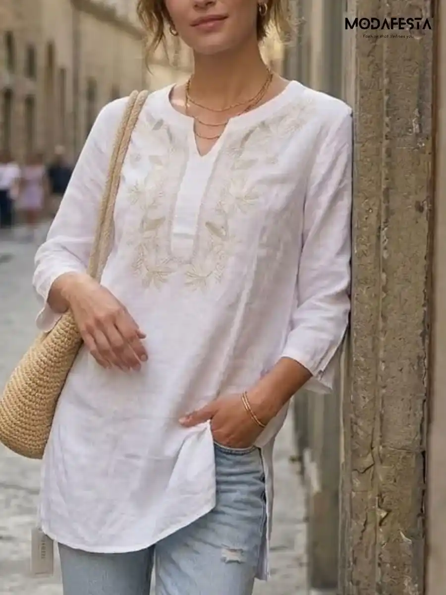ModaFesta -elegant-v-neck-linen-long-top-white