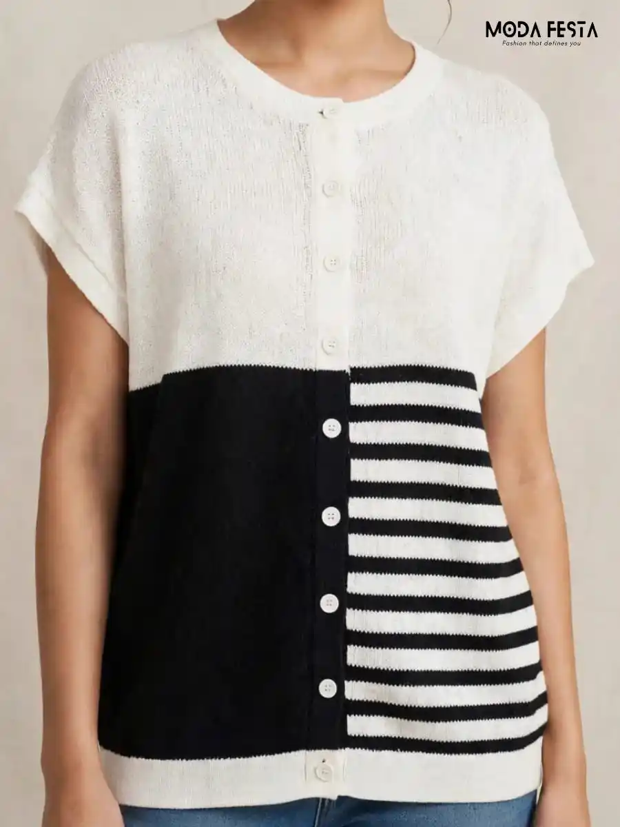 White & Black Color-Blocked Striped Knit Top