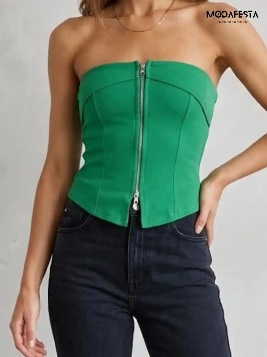 ModaFesta -elegant-zipper-crop-tube-green