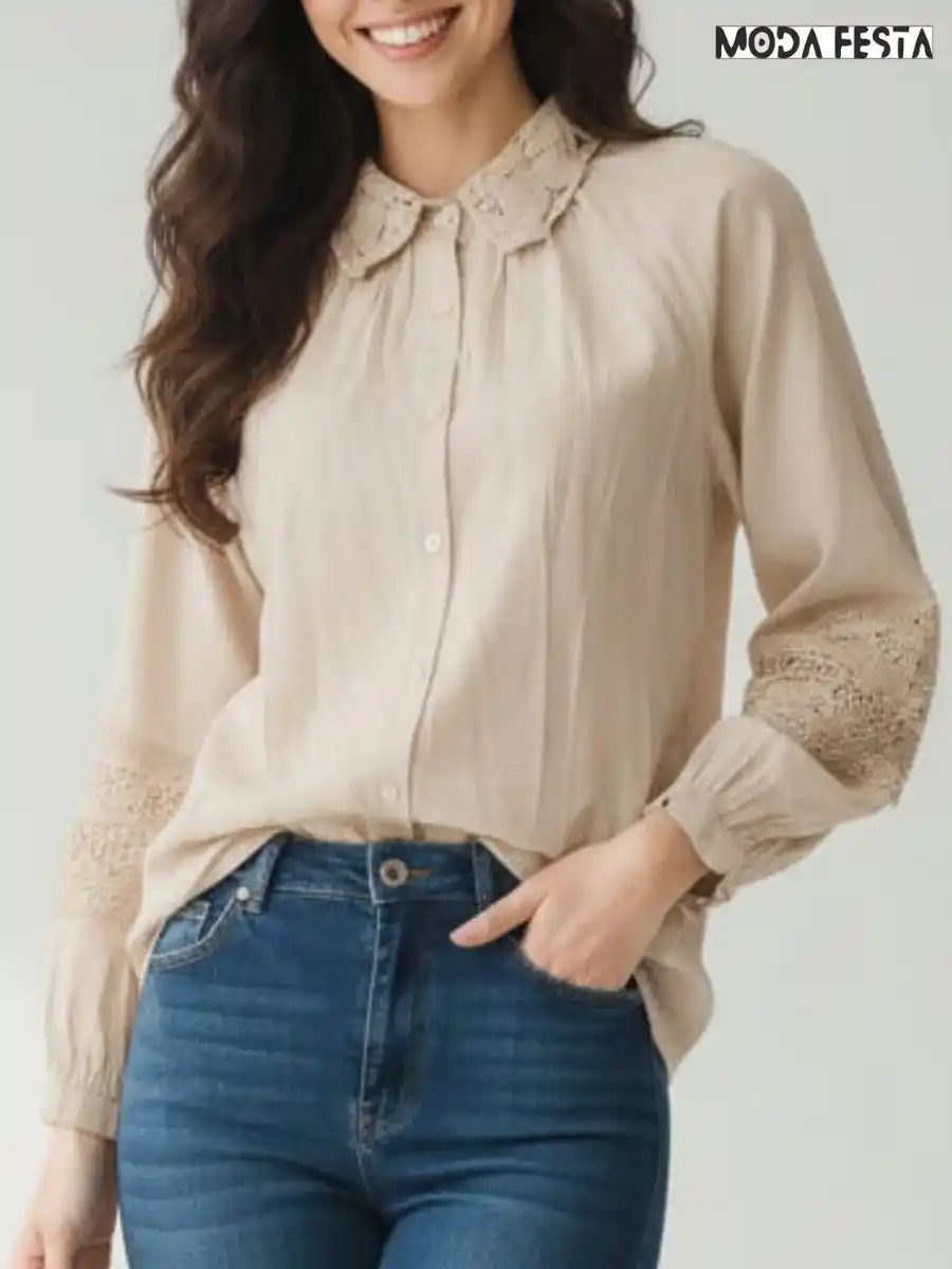 ModaFesta -elegant-cutwork-cotton-shirt-beige