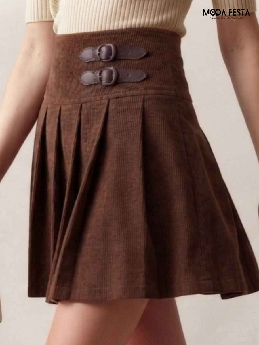 ModaFesta -brown-corduroy-pleated-mini-skirt-with-buckle-detail