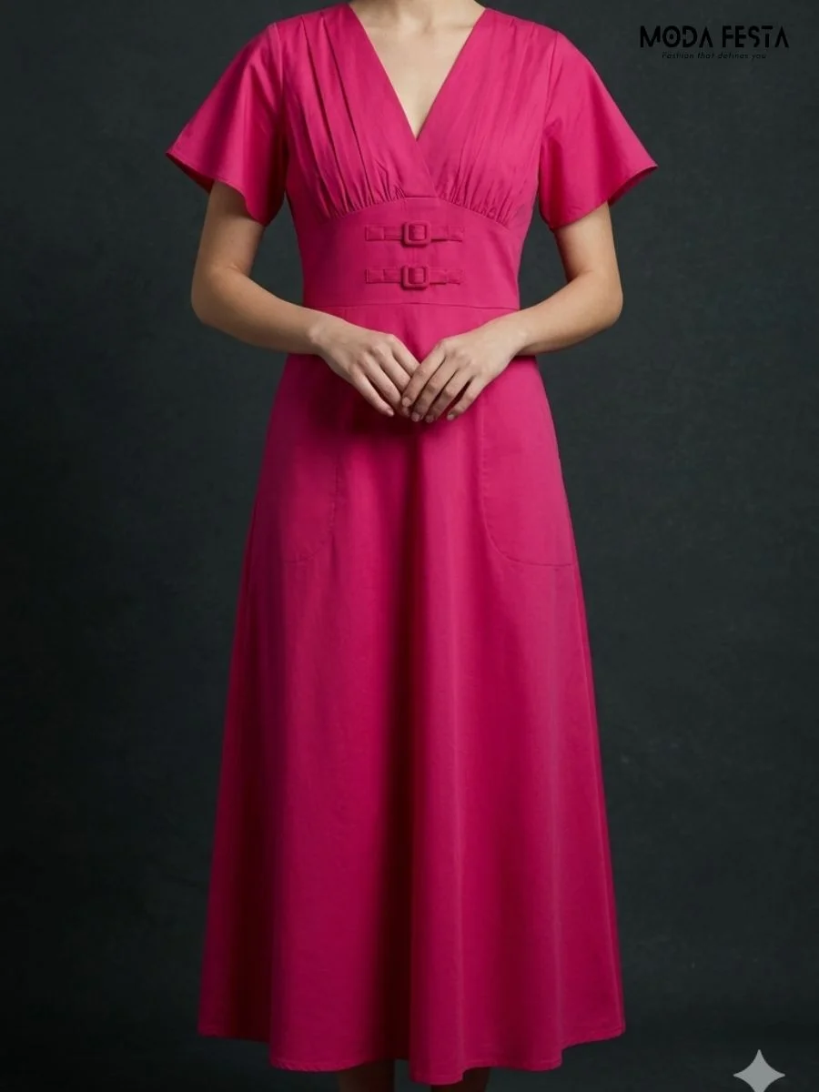 fuchsia pink V-neck midi dress