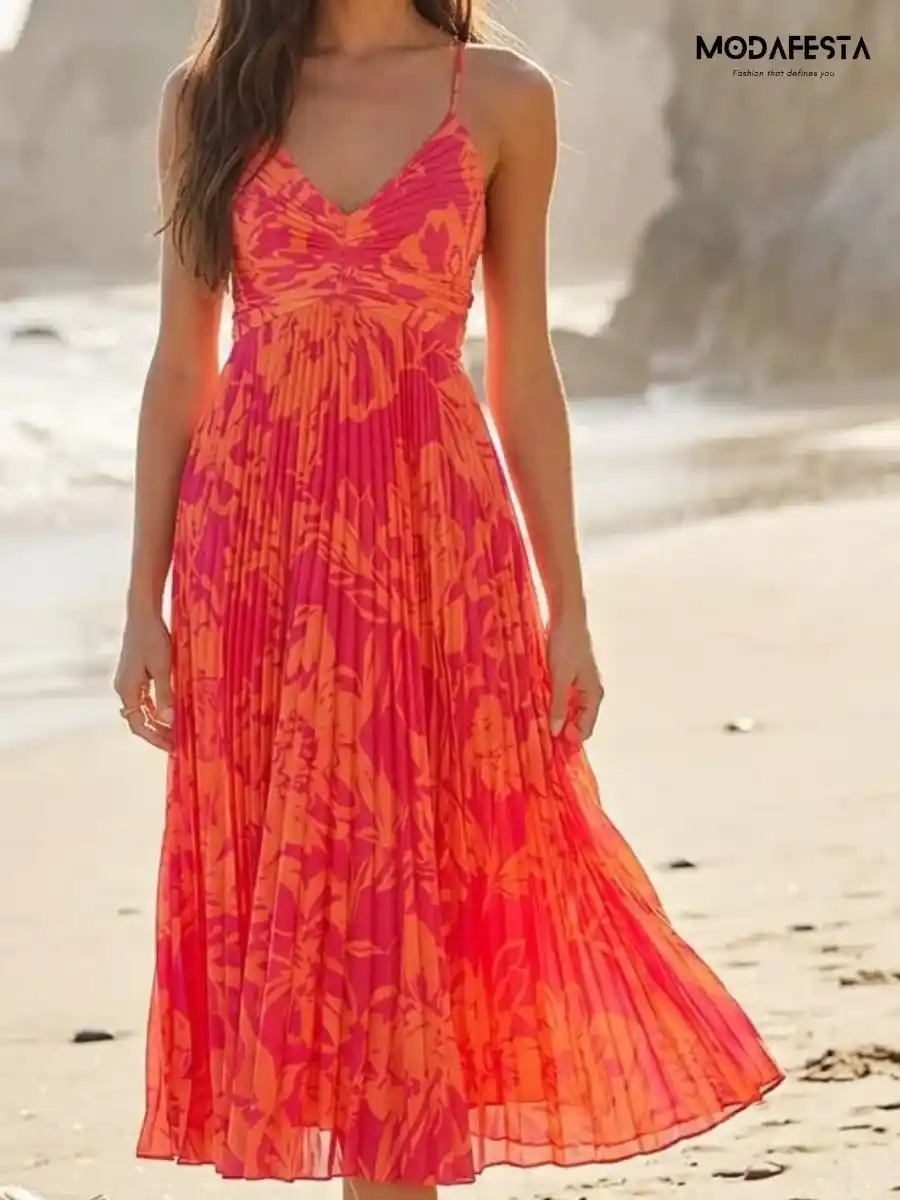 ModaFesta -elegaant-pleated-v-neck-maxi-dress-with-back-knot-orange