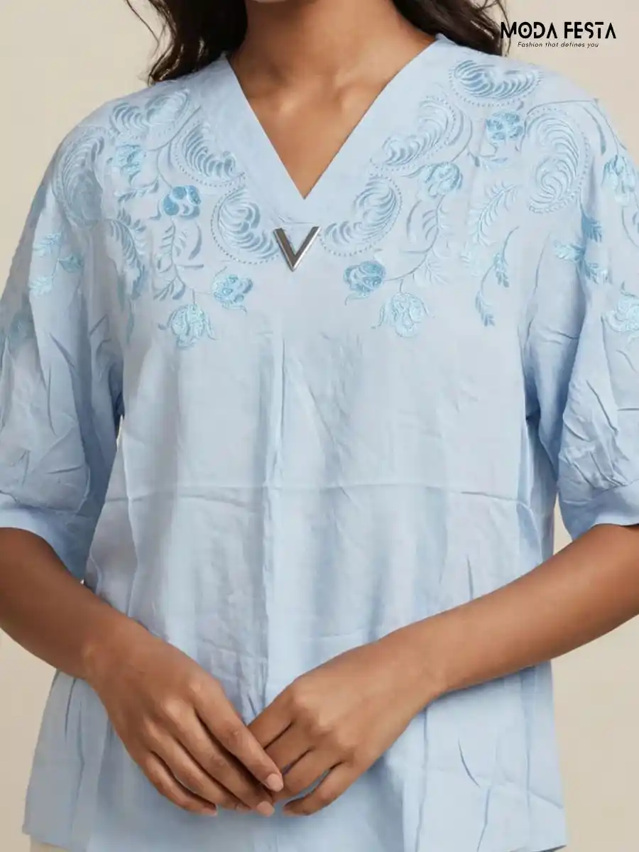ModaFesta -light-blue-embroidered-v-neck-top