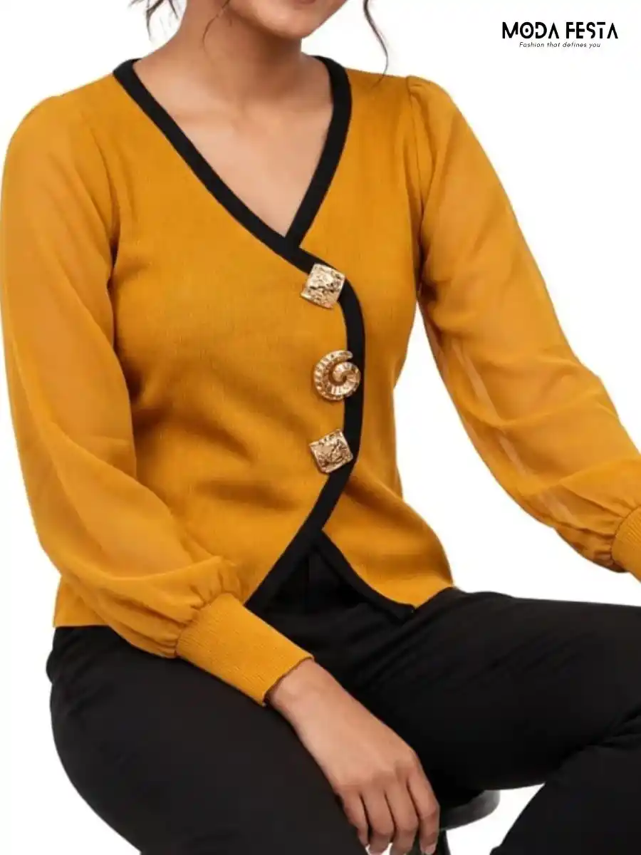 ModaFesta -mustard-black-contrast-trim-asymmetric-statement-top