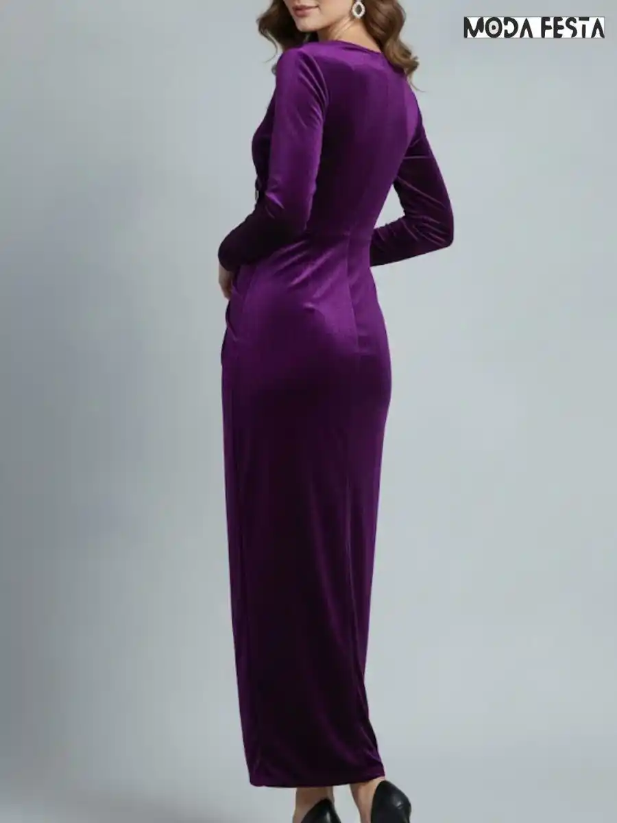 ModaFesta -stylish-ruched-slit-velvet-dress-purple