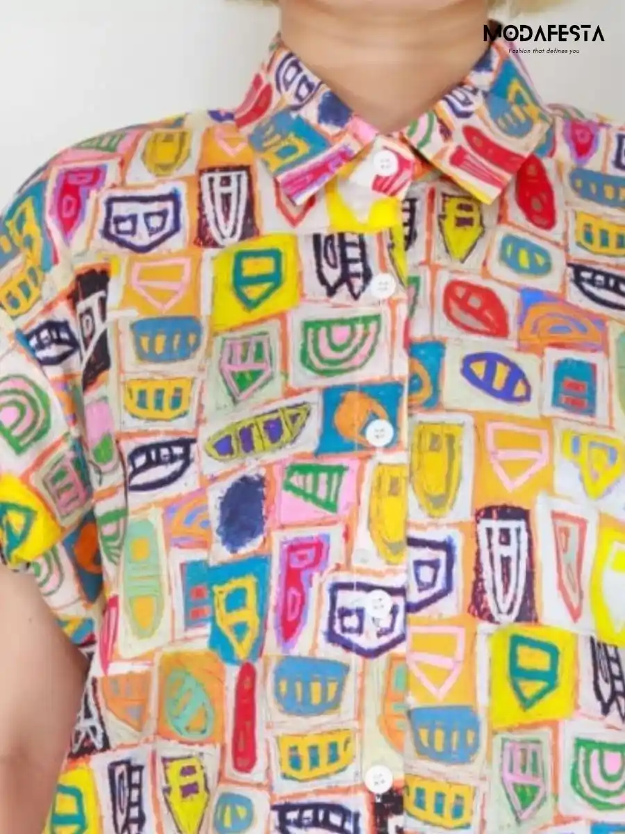 ModaFesta -elegant-puff-sleeve-hand-drawn-print-shirt-orange