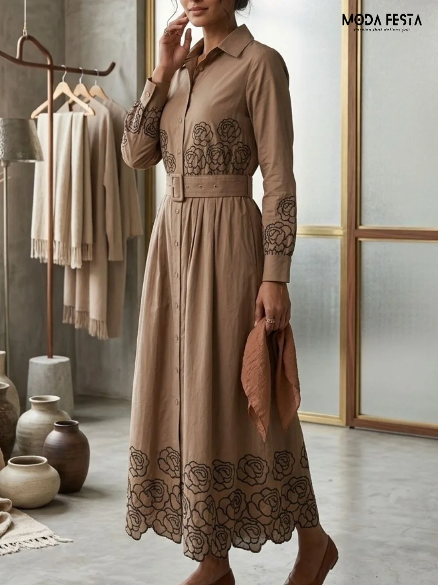 Terracotta Rose Embroidered Shirtdress