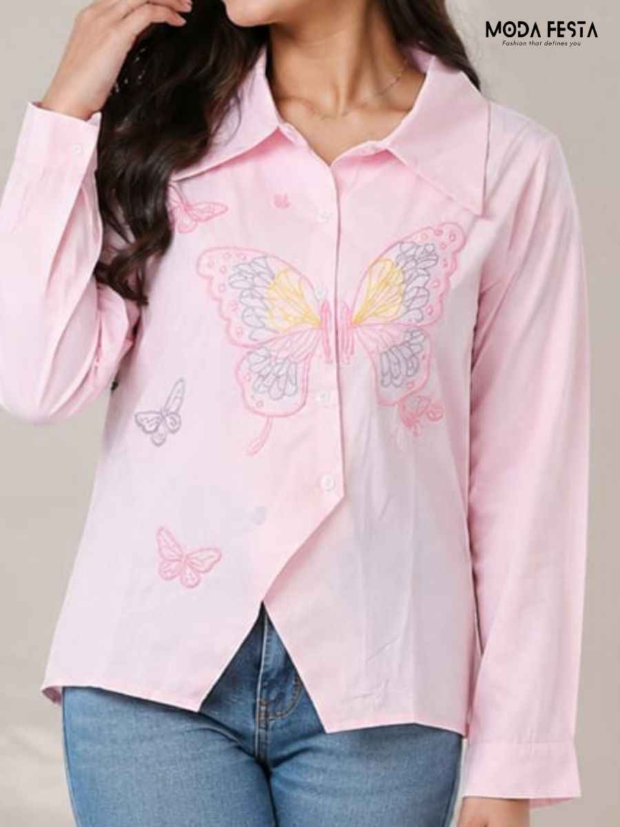 Moda Festa Pink Butterfly Embroidered Asymmetric Shirt