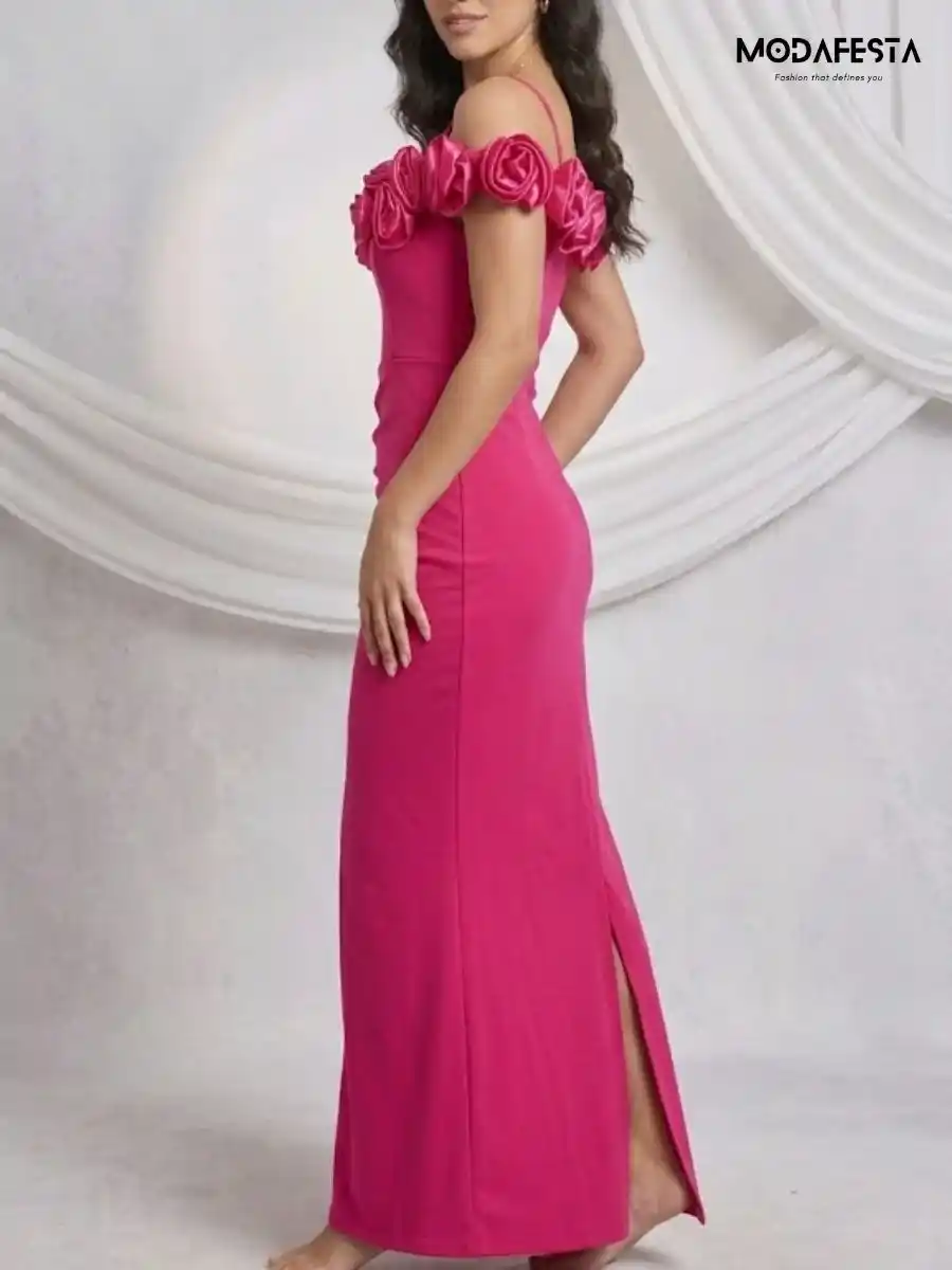ModaFesta -elegant-off-shoulder-style-with-flower-dress-pink
