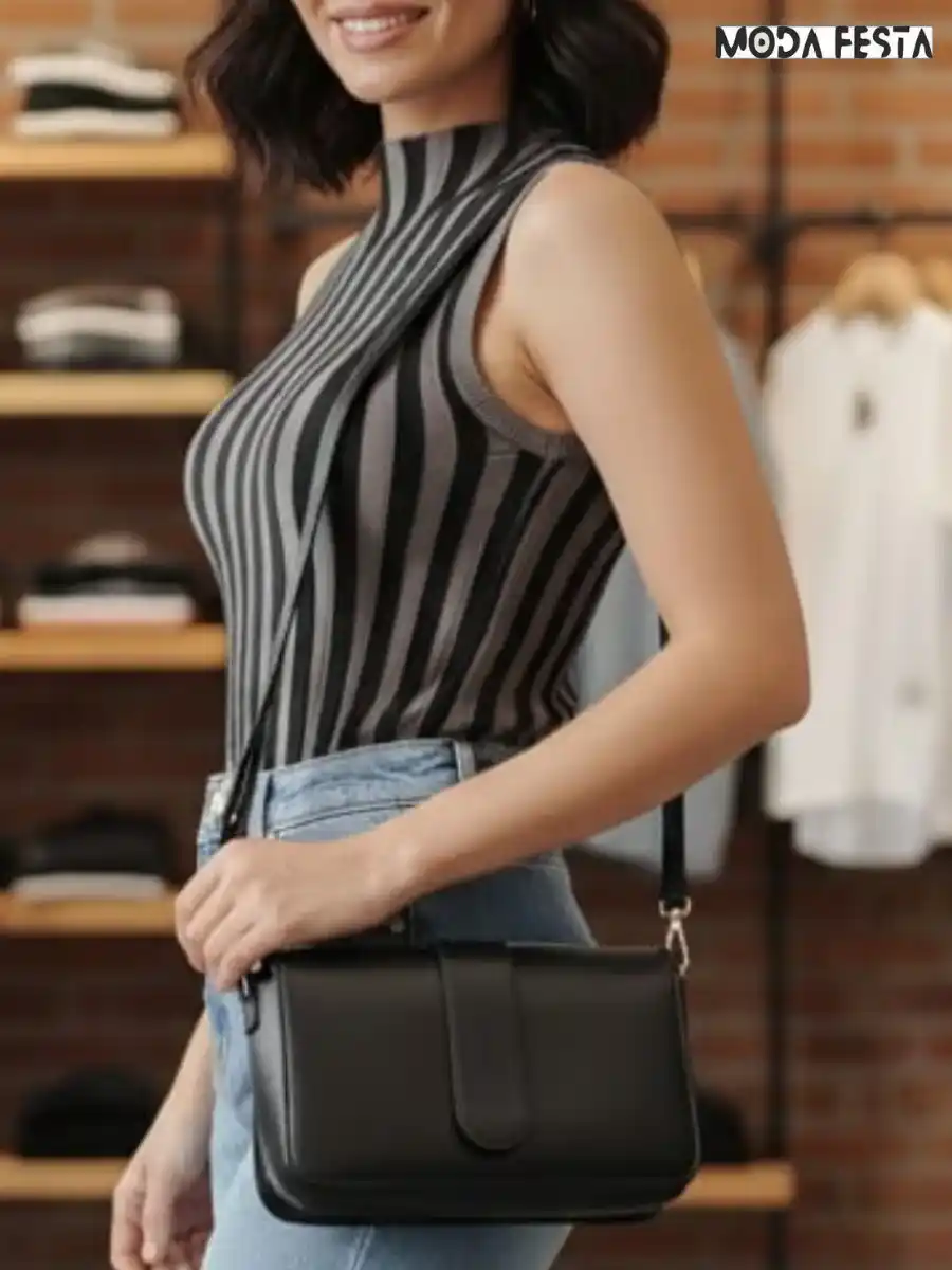 ModaFesta -elegant-high-neck-stripes-knit-top-black-grey
