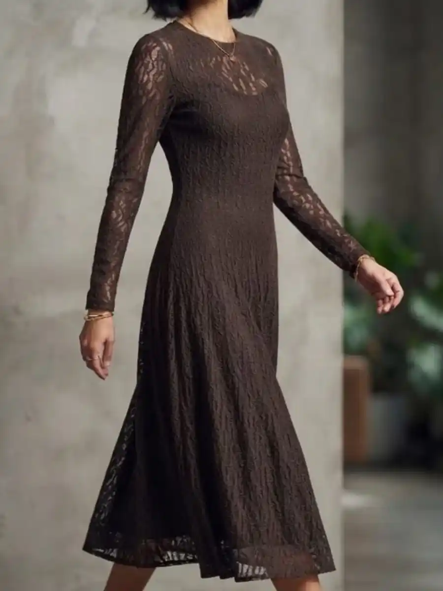 ModaFesta -brown-lace-long-sleeve-a-line-midi-dress