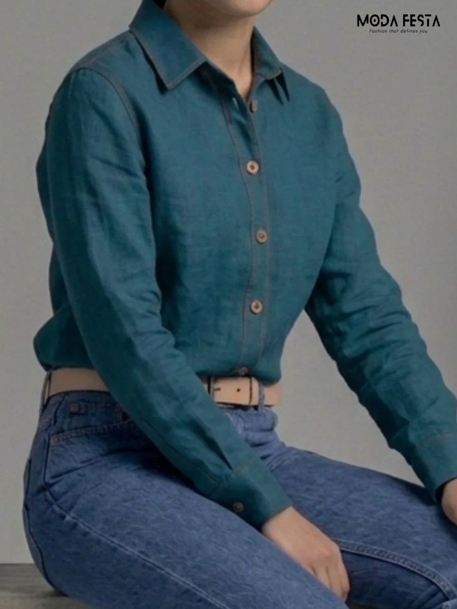 ModaFesta -classic-teal-linen-button-down-shirt